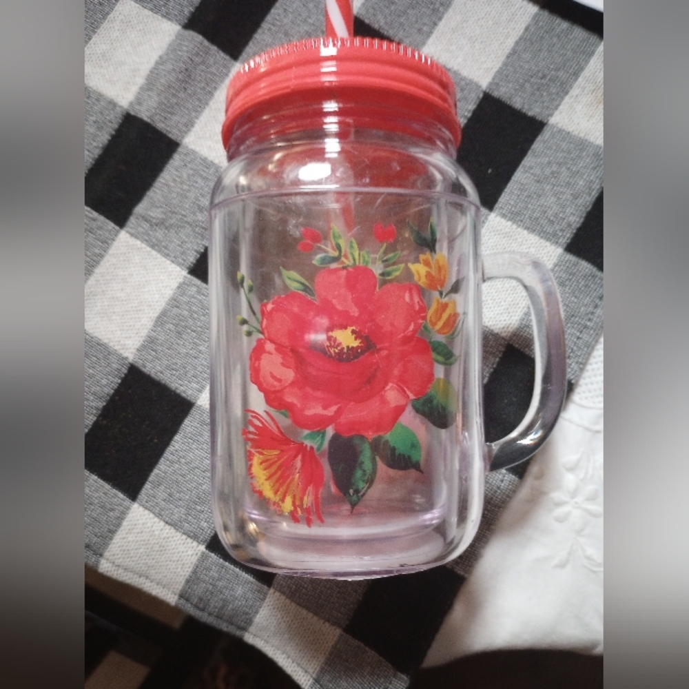 The Pioneer Woman Floral Clear Mug with Red Lid